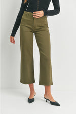 Load image into Gallery viewer, just-black-denim-trouser-wide-leg-olive-front-closeup
